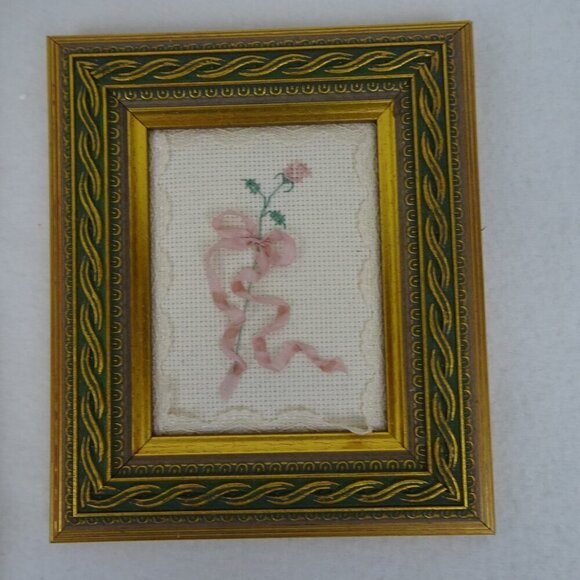 Cross Stitch Pictures Framed Floral Miniature Small Hand Made Vintage Lot of 3 - Picture 6 of 7